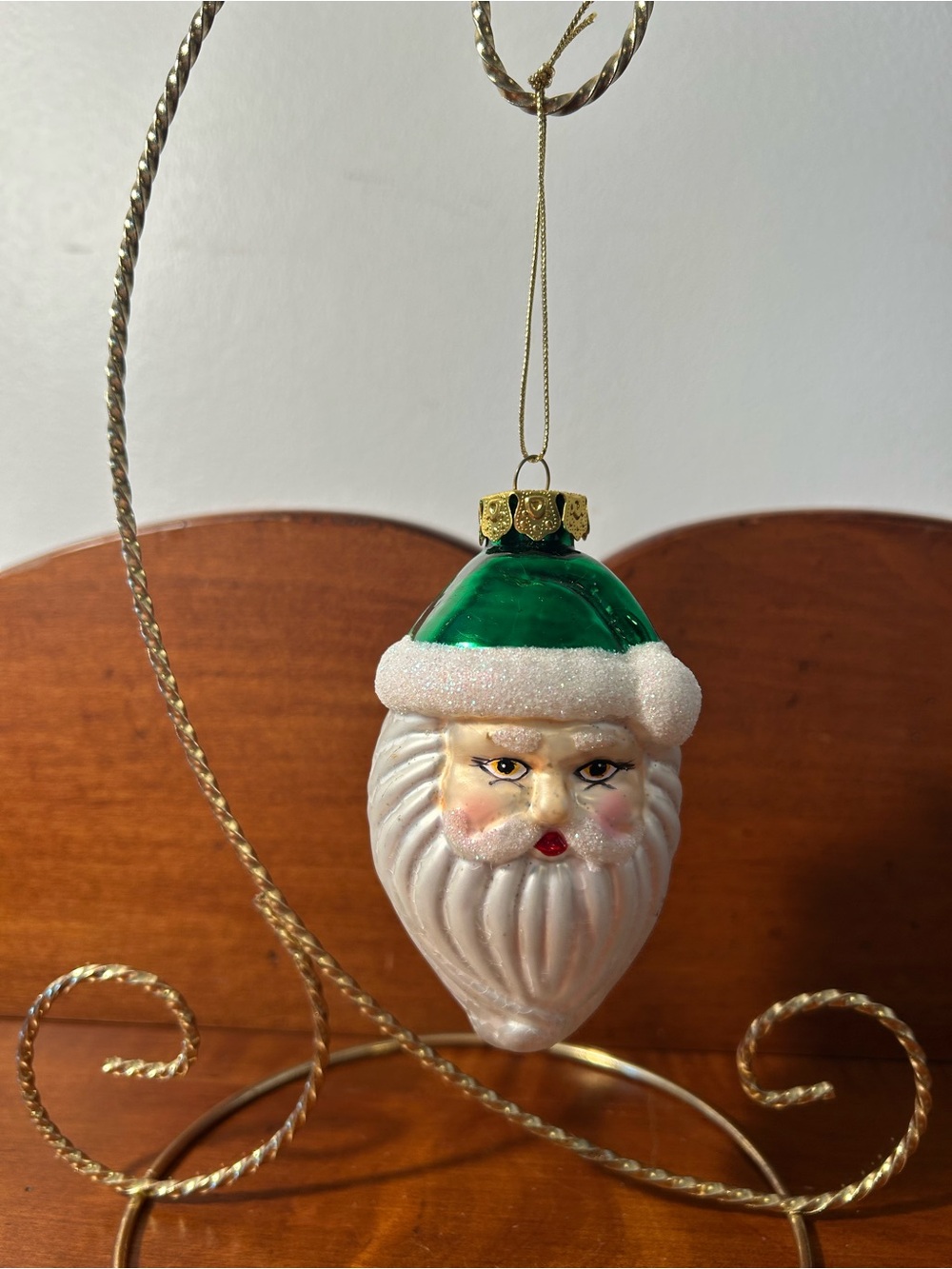Hand-Blown Santa Glass Ornament in Green and White